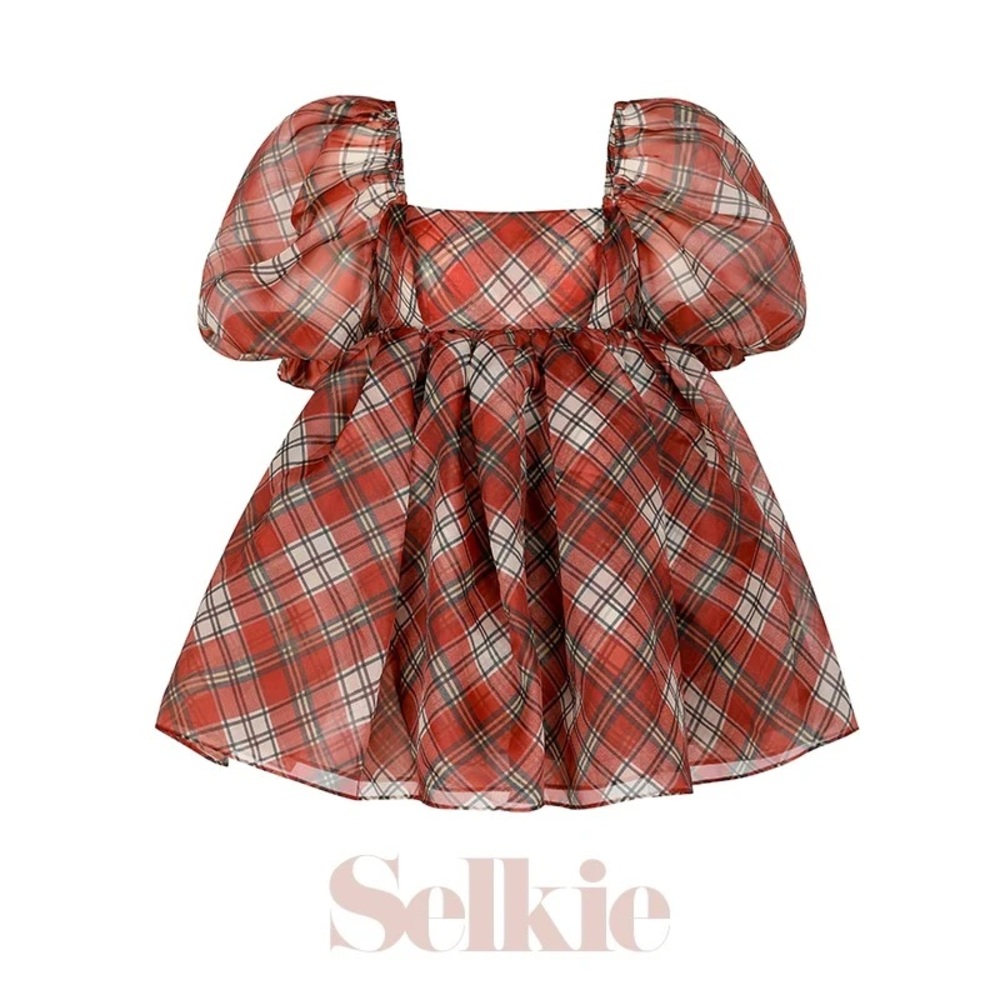 Selkie Red Tartan Puff Sleeve Babydoll dress